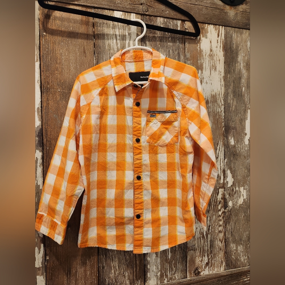 Boys Sz 7  Hurley Orange Checkered Button-up‎ Shirt
